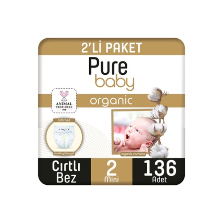 Pure Baby Organik Pamuklu Cırtlı Bez 2'li Paket 2 Numara Mini 136 Adet
