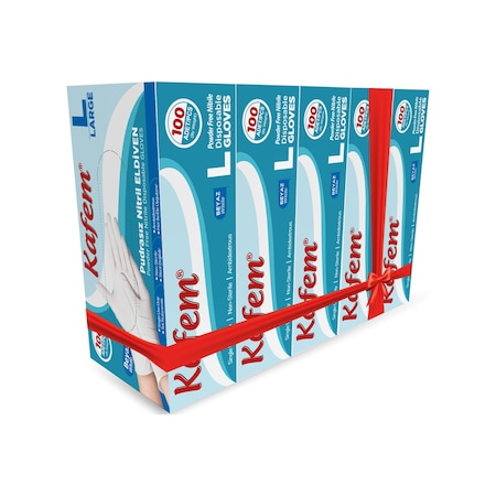 Kafem Beyaz Nitril Eldiven Pudrasız (L) 100 Lü X 5 Paket