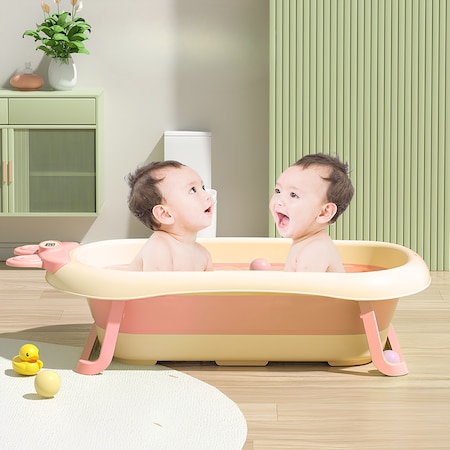Katlanabilir Termometreli Bebek Küveti Filesi Bebek Havuzu Pembe