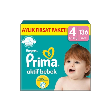 Prima Aktif Bebek 4 Beden Maxi Bebek Bezi Aylık Fırsat Paketi 136 Adet
