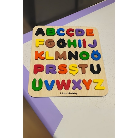Alfabe Harf Puzzle - Ahşap Tabanlı Ve Pla Harflerden Eğitici Oyuncak 21x25cm Büyük Harfler