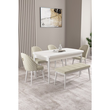 Milas Beyaz 80x132 Mdf Açılabilir Yemek Masası Takımı 4 Sandalye, 1 Bench Renk Krem
