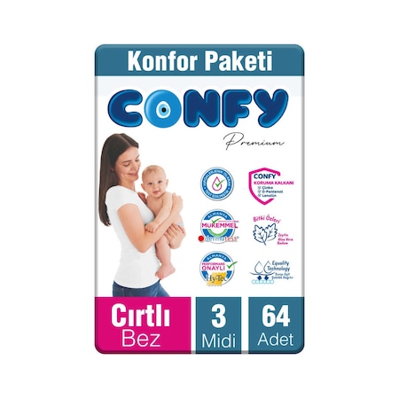 Confy Premium Bebek Bezi 3 Numara Midi 64 Adet