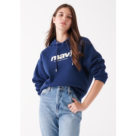 Mavi - Mavi Logo Baskılı Kapüşonlu Lacivert Sweatshirt 168334-704 Lacivert