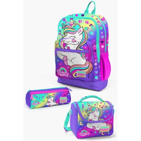 Coral High Kids Lavanta Su Yeşili Unicorn Desenli 3 Lü Okul Çanta Seti Set0123729