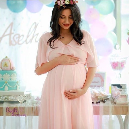 Modalabio Moda Labio- Babyshower Melek Kol Hamile Elbisesi Pudra