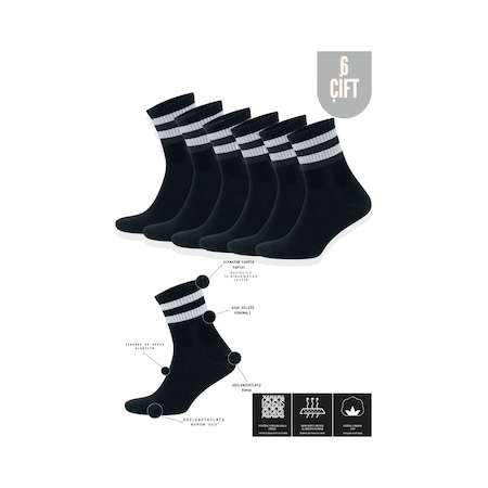 Kral Socks Pamuklu Çizgili Unisex Kolej Tenis Çorabı 6 Çift Siyah