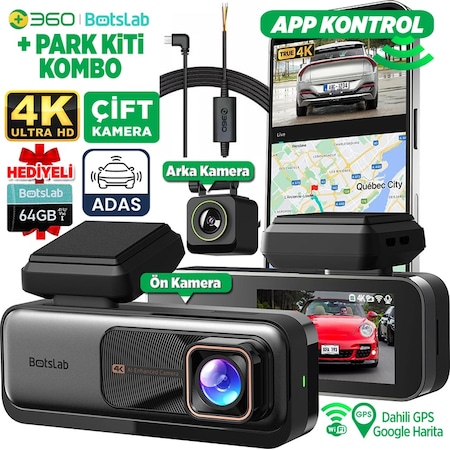 360+ G980h Ön Gerçek 4k 3840x2160p Uhd - Arka 1080p Fhd 170 Geniş Açı Lens Gece Görüşü Dahili Gps + Park Modu Bağlantı Kablosu Combo