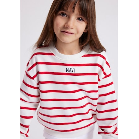 Mavi - Mavi Logo Baskılı Kırmızı Çizgili Sweatshirt 7s10038-82054