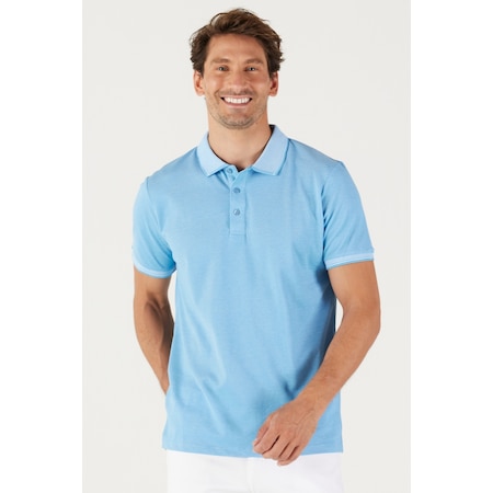 Ac&Co / Altınyıldız Classics 4A4820200047Sabm Düğmeli Polo Yaka Cepsiz Slim Fit Erkek Tişört Saks Mavisi - Beyaz