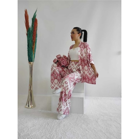 Pembe Renk Desenli Ikili Kimono Takım Rahat Kalıp