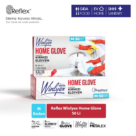 Reflex Winlyex Home Glove Pudrasız Kırmızı Eldiven M 50'li