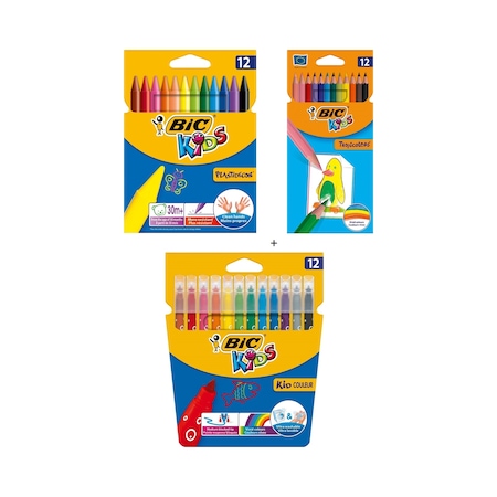 Bic Pastel Boya Kalemi 12'li + Kuru Boya Kalemi 12'li + Yıkanabilir Keçeli Boya Kalemi 12'li