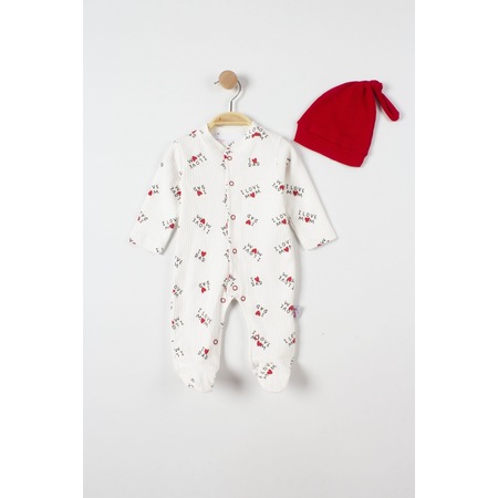 Trendimizbir By Murat Baby Fitilli Dad/Mom Baskılı Şapkalı Tulum-2897-Beyaz-Kırmızı