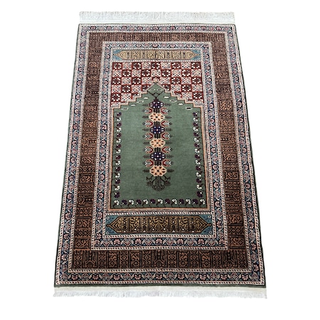 El Dokuma Bünyan Halısı Namazlık 92x140 Kufi Yazılı Yeşil Seccade