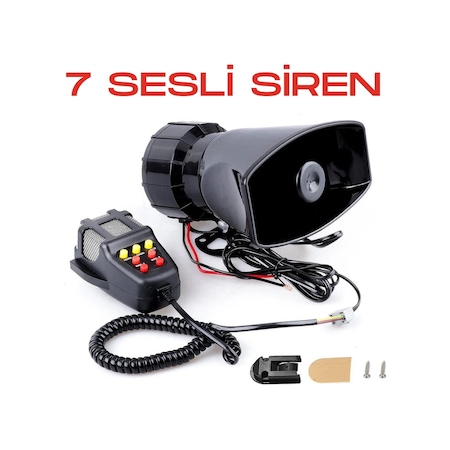 Her Araca Uyumlu 7 Sesli Güçlü Siren Korna Mikrofonlu Megafonlu 12v Polis Sireni 100w