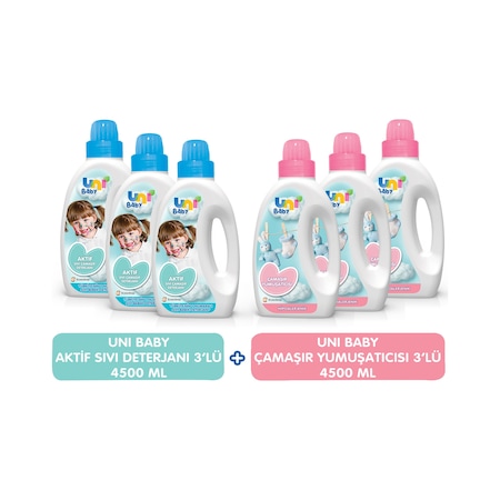 Uni Baby Aktif Sıvı Deterjan 1500 ML 3'lü + Uni Baby Yumuşatıcı 1500 ML 3'lü