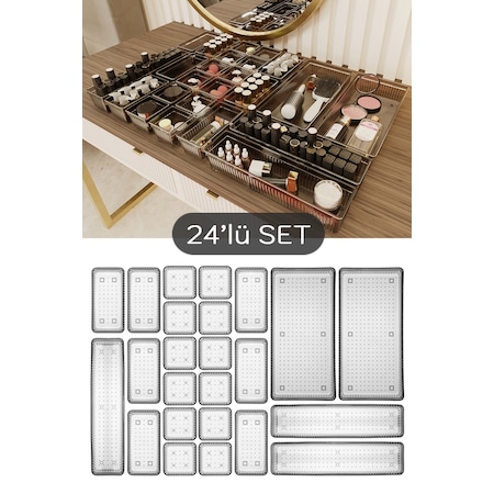 Meleni Home 24'lü Multi Set - Çekmece İçi Düzenleyici - Banyo Makyaj Ve Takı Organizer Siyah