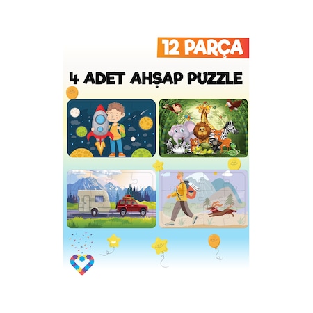 Ahşap Çocuk Puzzle 12 Parça 4 Adet