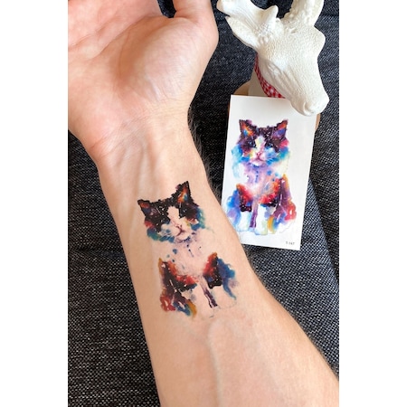 Renkli Kedi Cat Geçici Dövme Tattoo Aksesuar Şık Geçici Dövme