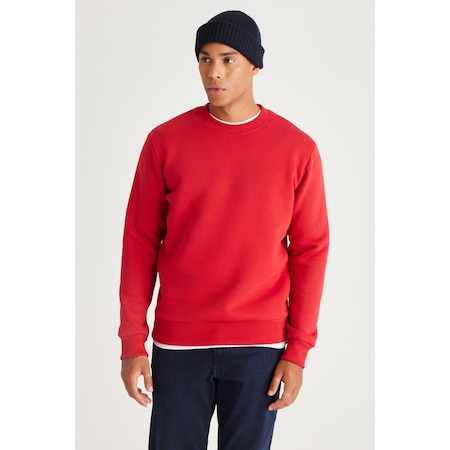 AC&Co / Altınyıldız Classics Erkek Kırmızı Standart Fit Normal Kesim İçi Polarlı Bisiklet Yaka Sweatshirt