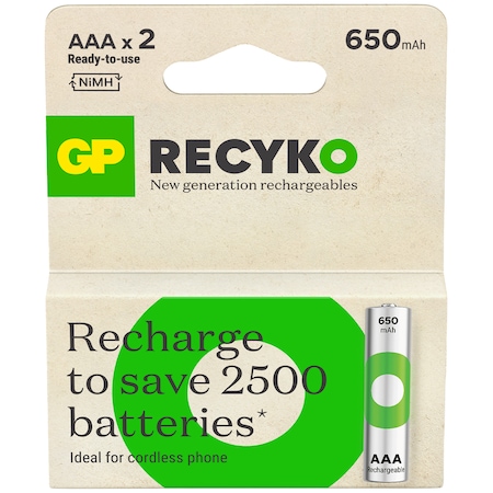 GP Batteries ReCyko 650 AAA İnce Kalem Ni-Mh Şarjlı Pil 1.2 Volt 2’li Kart