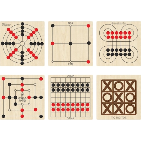 Ahşap Oyun Seti 6lı. Dama+3 Taş+9 Taş+bihar+surakarta+tic-tac-toe