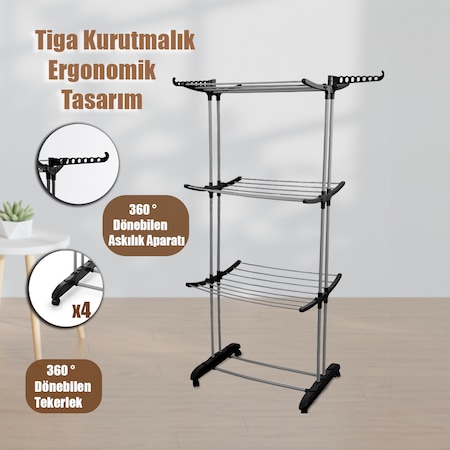 Doğrular Perilla Tiga Fits 3 Katlı Tekerlekli Çamaşır Kurutmalık