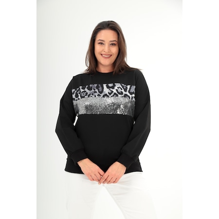 Kadın Büyük Beden Bisiklet Yaka Leopar Desenli Payetli Siyah-beyaz Sweatshirt Siyah-beyaz