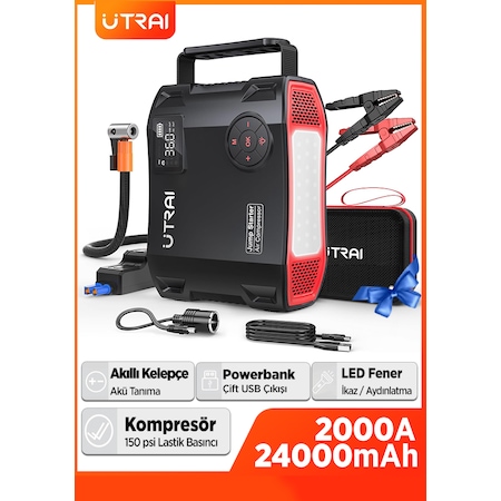 Utrai Jstar 5 24000 mAh 2000A Jump Starter + Lastik Şişirme Pompası Taşınabilir Akü Takviye Cihazı Seti