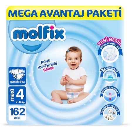 Molfix Bebek Bezi 4 Beden Maxi Mega Avn. Paket 162 Adet