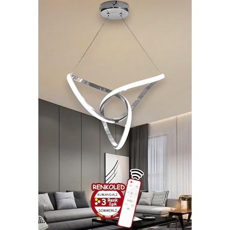 Kumandalı 3 Renk Işıklı Modern Sarkıt Led Avize Krom Kasa Salon,