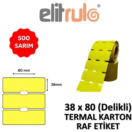 Elitrulo Termal Karton Raf Etiketi 38mm X 80mm Delikli Sarı - 500 Adet