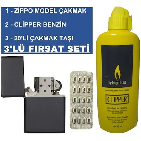 Zippo Benzinli Çakmak + Clipper Benzin 80 Ml + 20 Li Çakmak Taşı