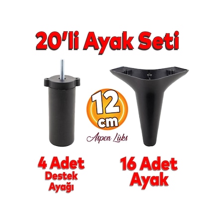 20'li Set Aspen Lüks Mobilya Koltuk Kanepe Tv Ünitesi Yükseltme Destek Ayağı 12 Cm Siyah Ayakları