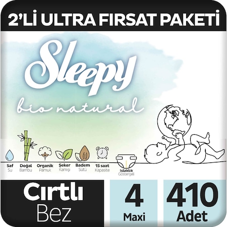 Sleepy Bio Natural Bebek Bezi 4 Numara Maxi 2'li Ultra Fırsat Paketi 410 Adet