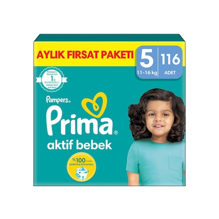 Prima Aktif Bebek 5 Beden Junior Bebek Bezi Aylık Fırsat Paketi 116 Adet