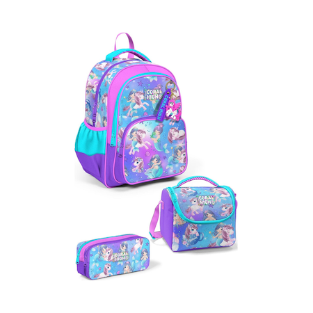 Coral High Kids Mor Pembe Unicorn Deniz Kızı Desenli 3'lü Okul Çanta Seti Set0123657