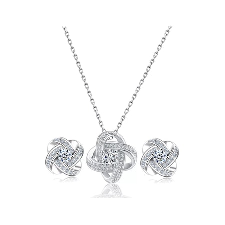 Brezza Lusso Jewelry Gümüş Zirkon Taşlı 4 Kollu Şans Kadın Kolye Küpe Set