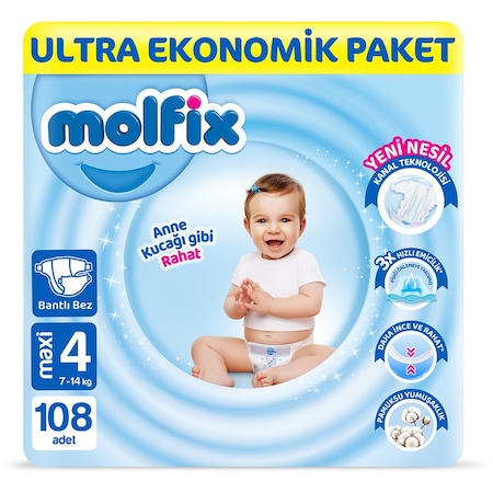 Molfix Bebek Bezi 4 Beden Maxi Ultra Ekonomik Paket 108 Adet