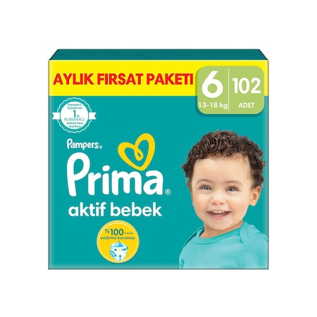 Prima Aktif Bebek 6 Beden Ekstra Large Bebek Bezi Aylık Fırsat Paketi 102 Adet