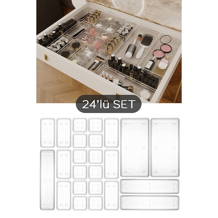 Meleni Home 24'lü Set - Modüler Çekmece İçi Masaüstü Düzenleyici - Takı Organizer Şeffaf