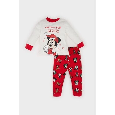 Defacto Kız Bebek Disney Mickey & Minnie Yılbaşı Temalı Pijama Takımı Bisiklet Yaka Uzun Kollu Üst Beli Lastikli Alt D7162a524wnrd79 Kırmızı