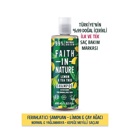 Faith in Nature %99 Doğal Ferahlatıcı Şampuan Limon & Çay Ağacı Normal & Yağlanmaya-Kepeğe Meyilli Saçlar İçin 400 ML