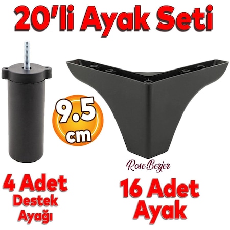 20'li Set Rose Berjer Mobilya Koltuk Kanepe Tv Ünitesi Yükseltme Destek Ayağı 9.5 Cm Siyah Ayakları