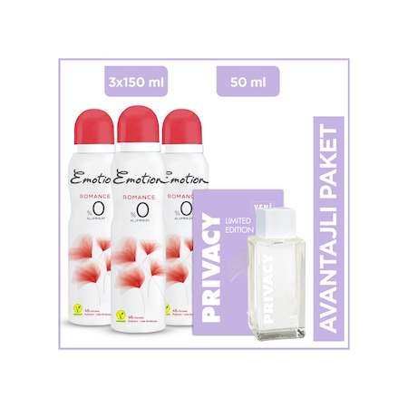 Privacy Kadın Parfüm EDT 50 ML + Emotion Romance Kadın Sprey Deodorant 3 x 150 ML