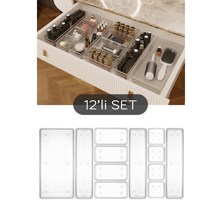 Meleni Home Dolap İçi Takı Makyaj Organizer Çekmece İçi Düzenleyici Set 12'li Şeffaf