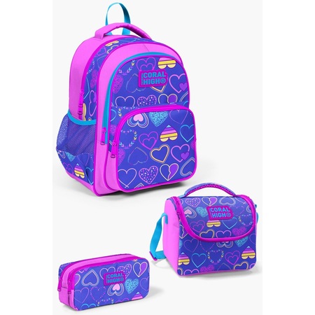 Coral High Kids Açık Pembe Lavanta Kalp Desenli 3'lü Okul Çanta Seti Set0123401