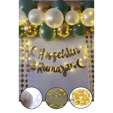 Hoşgeldin Ramazan 11 Ayın Sultanı Gold Yazılı Ledli Zincir Balon Seti