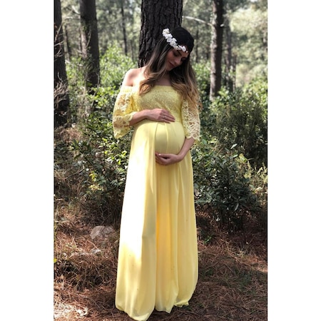 Modalabio Moda Labio - Babyshower Dantel Hamile Elbisesi Sarı